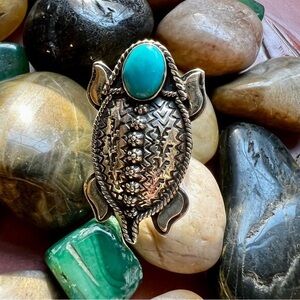 Southwestern 925 Horned Toad Ring With Kingman Turquoise Size 7.75 New